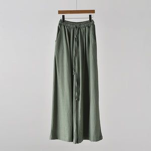2025 Summer New Cotton and Linen Women's Literary Retro Linen Sand Washed Casual Wide Leg Pants