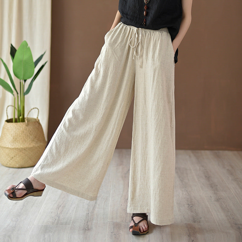2025 Summer New Cotton and Linen Women's Literary Retro Linen Sand Washed Casual Wide Leg Pants