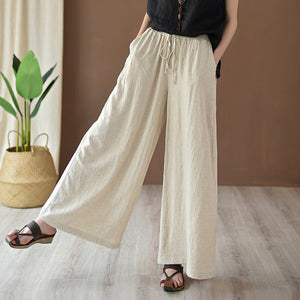 2025 Summer New Cotton and Linen Women's Literary Retro Linen Sand Washed Casual Wide Leg Pants