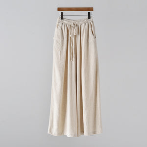 2025 Summer New Cotton and Linen Women's Literary Retro Linen Sand Washed Casual Wide Leg Pants