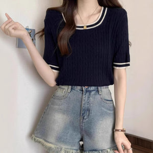 Cross-Border Knitted Short-Sleeved Spring and Summer New Design Niche Color Matching European and American Style Round Neck Women's Simple Tops