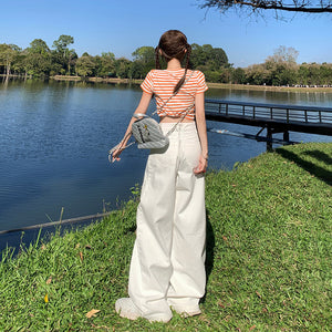 American Style White Wide Leg Jeans Women's 2025 Spring and Autumn New Double Buckle High Waist Loose Straight Slim-fit Mop Pants