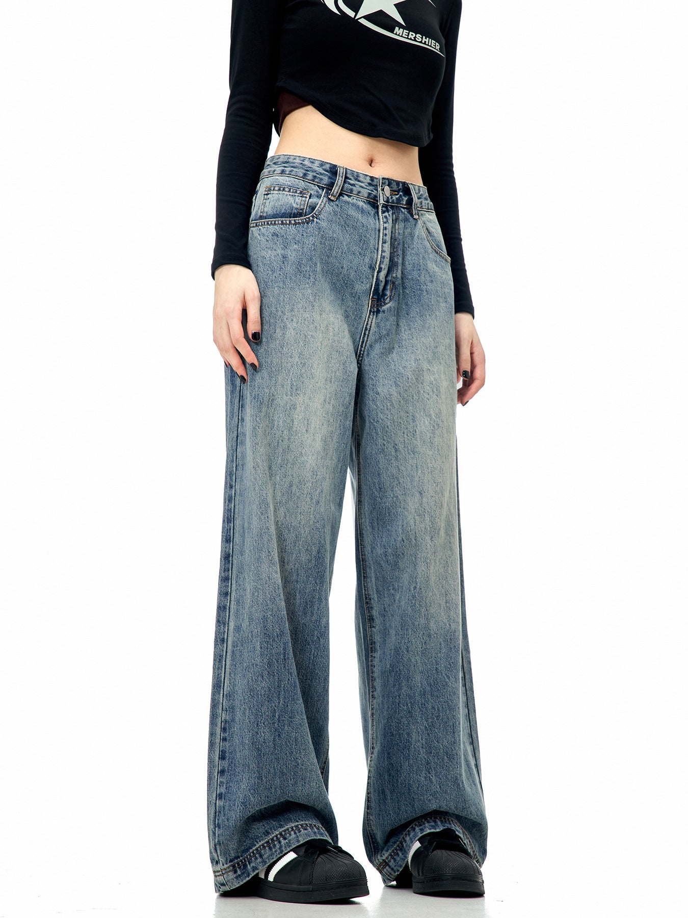 11Kn American Retro Blue Straight-Leg Jeans for Men and Women, Loose and Versatile, Trendy and Simple Cleanfit Casual Wide-Leg Pants