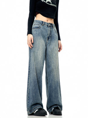 11Kn American Retro Blue Straight-Leg Jeans for Men and Women, Loose and Versatile, Trendy and Simple Cleanfit Casual Wide-Leg Pants