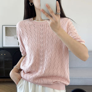 Summer New Women's Knitted Knitwears Short-Sleeved Cotton Round Neck Cut Out Air Quality Knitted T-Shirts Contrasting Tops Wholesale