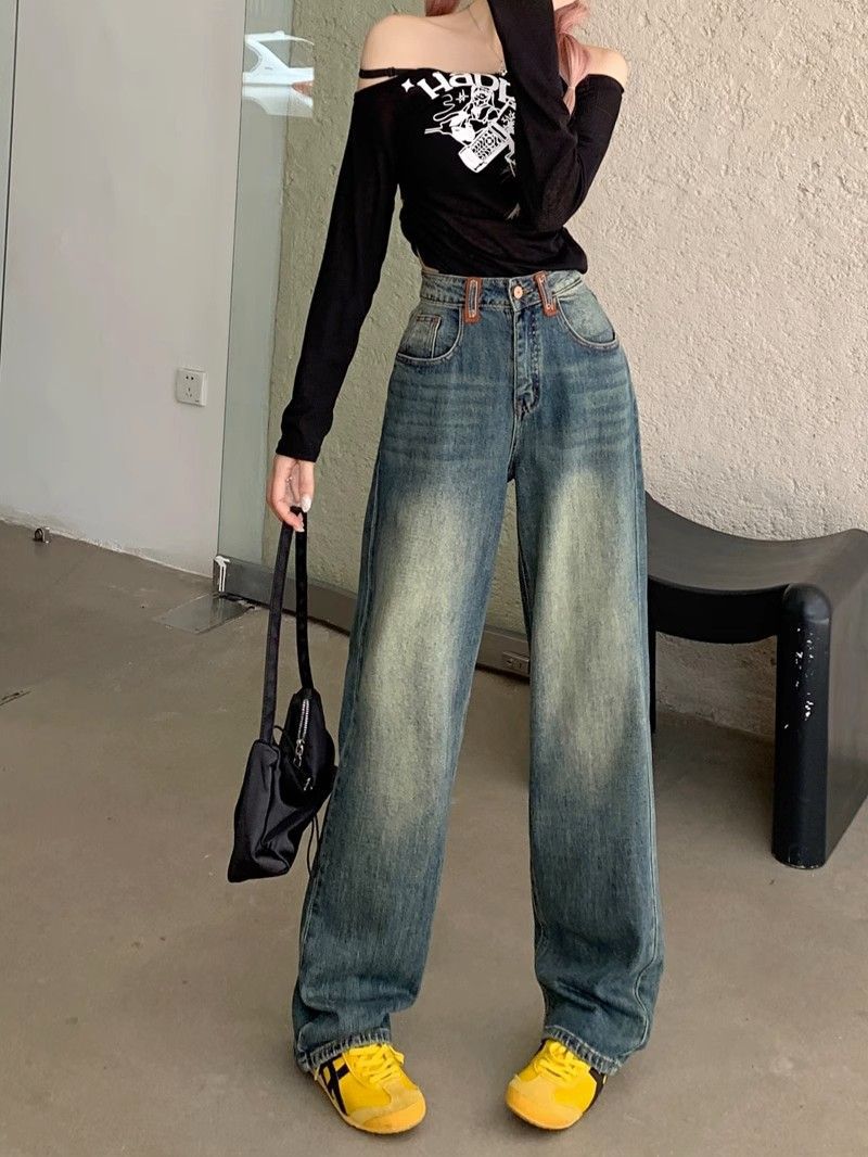 American Retro Straight-Leg Jeans for Women, 2025 Spring New High-Waisted Fashionable Versatile Loose Floor-Length Pants
