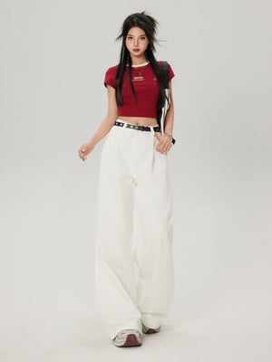 Elegant White Wide Leg Jeans Spring New Loose Slimming Pear-shaped Figure Straight Trousers