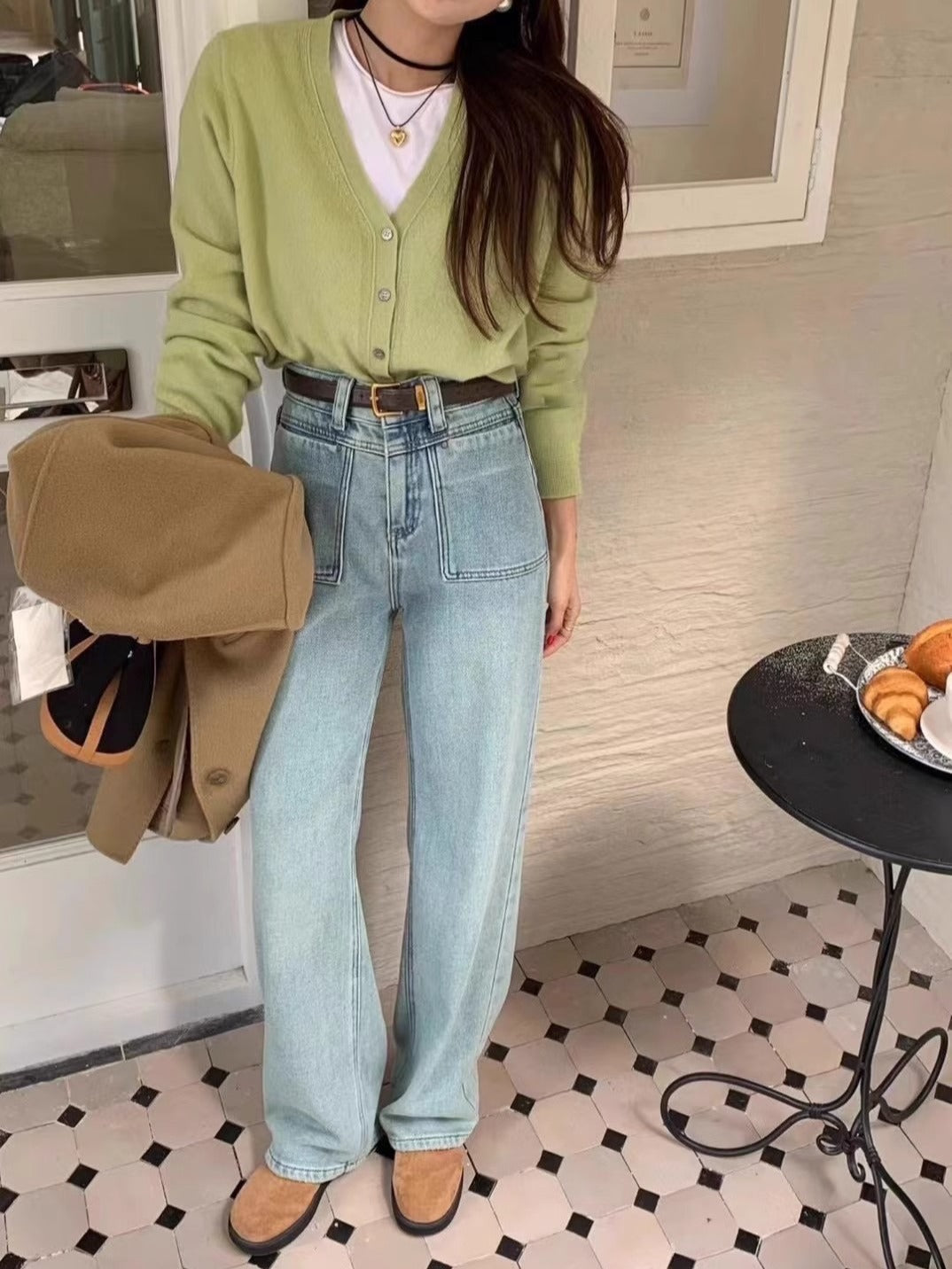 Light-Colored Stretch Straight-Leg Jeans for Women, High-Waisted, 2025 Spring New Style, Loose, Slimming, Versatile, Wide-Leg, Floor-Length Pants