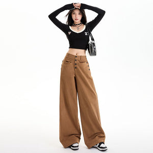 Spring 2025 New Multi-button Pocket Design Wide-leg Workwear Casual Pants Women's High Waist Loose Slimming Pants