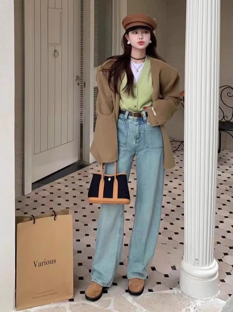 Light-Colored Stretch Straight-Leg Jeans for Women, High-Waisted, 2025 Spring New Style, Loose, Slimming, Versatile, Wide-Leg, Floor-Length Pants