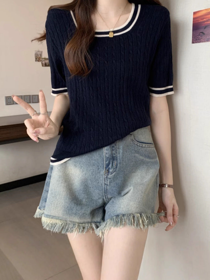 Cross-Border Knitted Short-Sleeved Spring and Summer New Design Niche Color Matching European and American Style Round Neck Women's Simple Tops