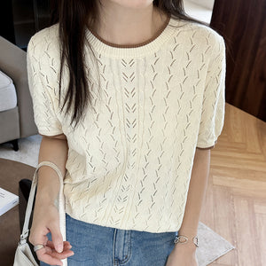 Summer New Women's Knitted Knitwears Short-Sleeved Cotton Round Neck Cut Out Air Quality Knitted T-Shirts Contrasting Tops Wholesale