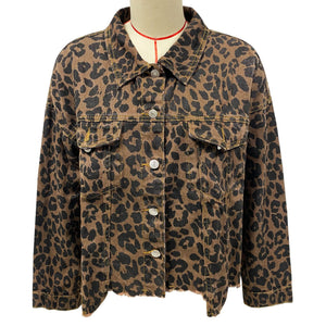 2025 Spring and Autumn New European and American Cross-Border Leopard Print Denim Tops Women's Retro Distressed Motorcycle Work Tops Top