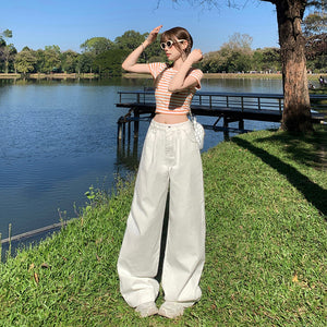 American Style White Wide Leg Jeans Women's 2025 Spring and Autumn New Double Buckle High Waist Loose Straight Slim-fit Mop Pants