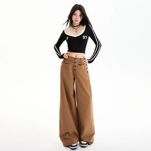 Spring 2025 New Multi-button Pocket Design Wide-leg Workwear Casual Pants Women's High Waist Loose Slimming Pants