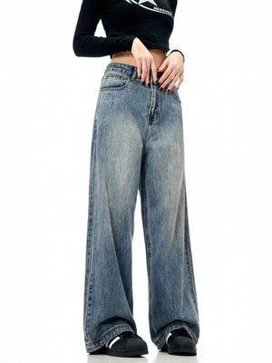 11Kn American Retro Blue Straight-Leg Jeans for Men and Women, Loose and Versatile, Trendy and Simple Cleanfit Casual Wide-Leg Pants