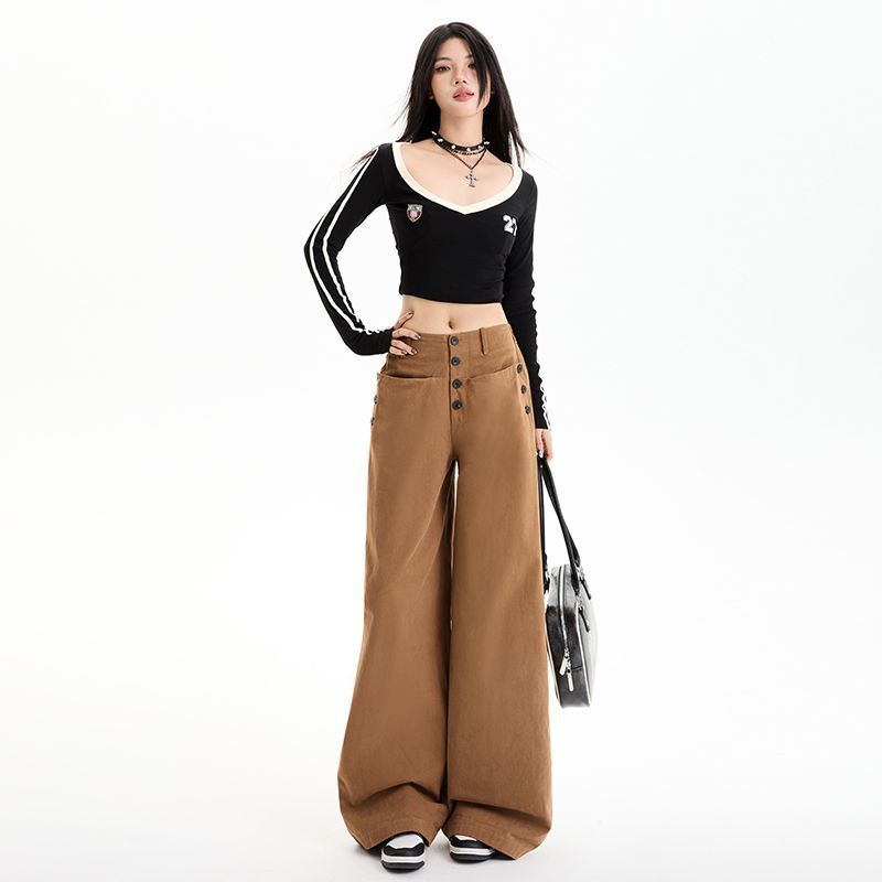 Spring 2025 New Multi-button Pocket Design Wide-leg Workwear Casual Pants Women's High Waist Loose Slimming Pants