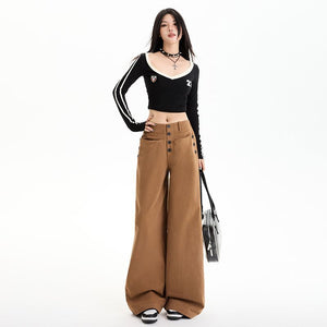 Spring 2025 New Multi-button Pocket Design Wide-leg Workwear Casual Pants Women's High Waist Loose Slimming Pants