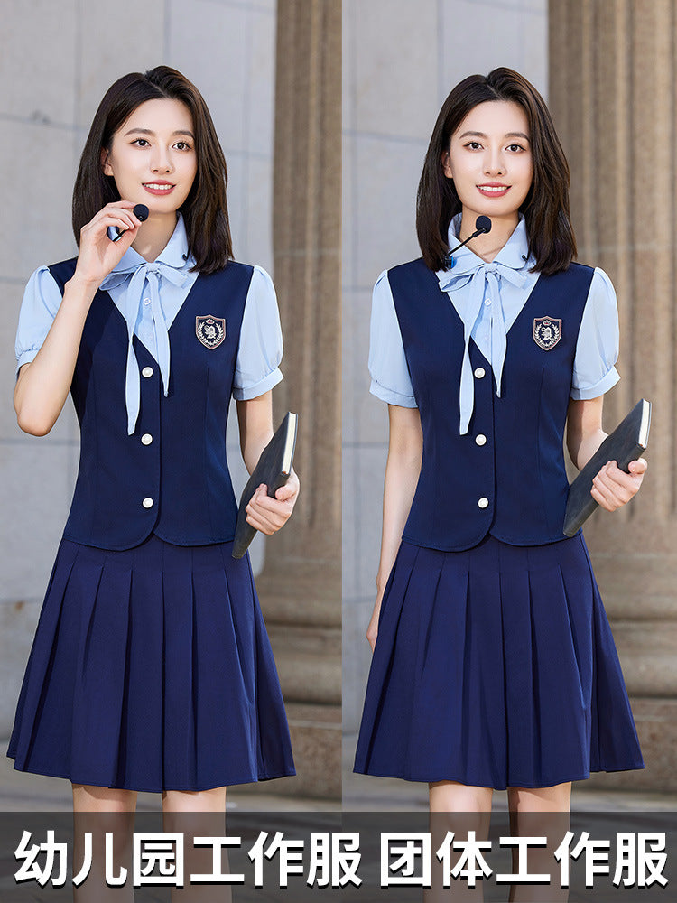 British Preppy Style Summer Shirt Pleated Skirt Suit Kindergarten Teacher Kindergarten Uniform Teacher Kindergarten Teacher Work Clothes Women's Clothing