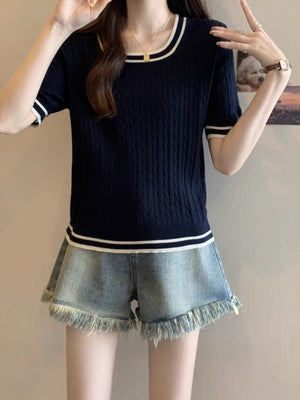 Cross-Border Knitted Short-Sleeved Spring and Summer New Design Niche Color Matching European and American Style Round Neck Women's Simple Tops