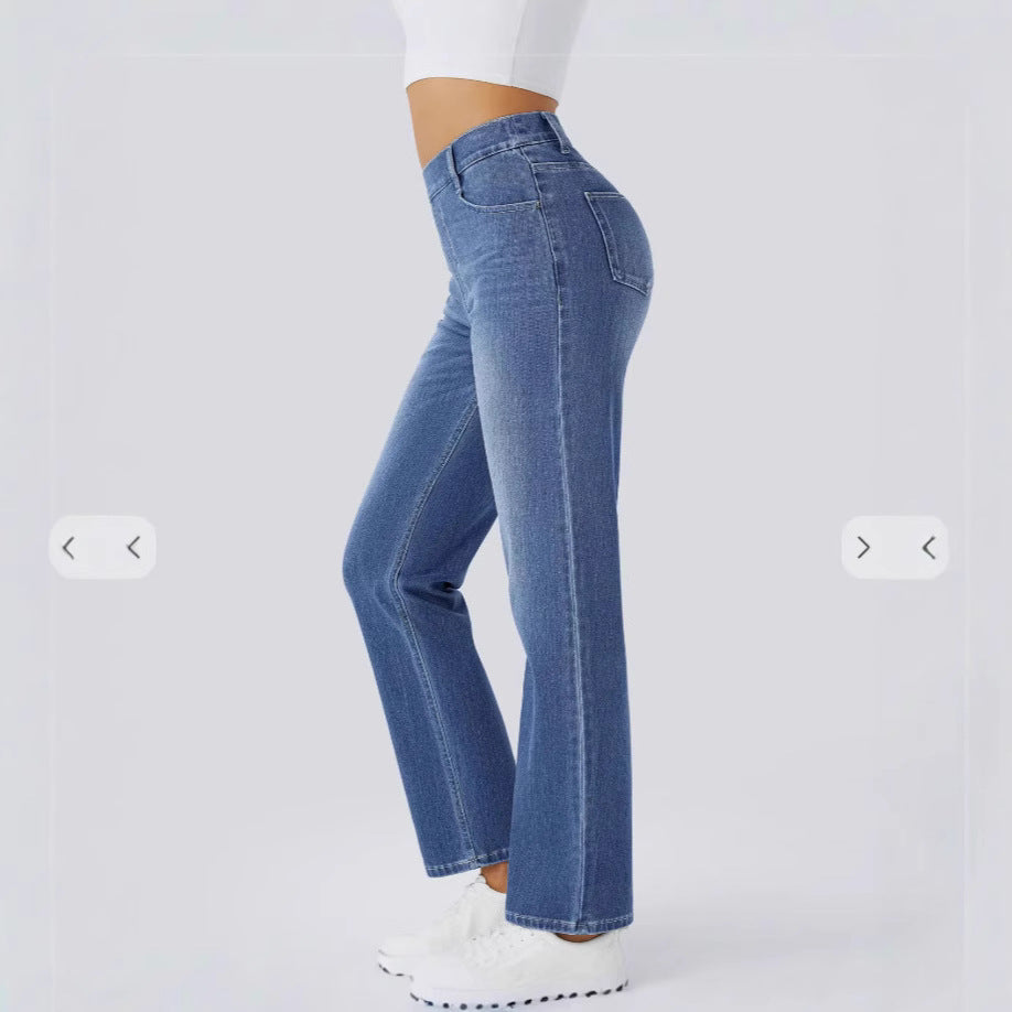 3886 Cross-Border New High-Waisted Straight-Leg Whiskered Yoga Jeans Slimming Breathable Loose Fitness Casual Pants