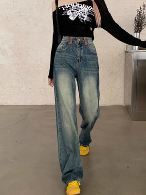 American Retro Straight-Leg Jeans for Women, 2025 Spring New High-Waisted Fashionable Versatile Loose Floor-Length Pants