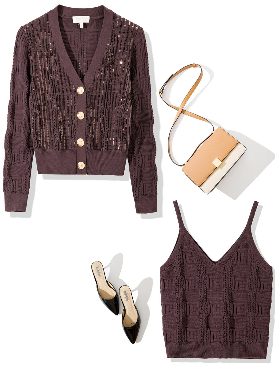 M1310 2025 Autumn New Women's Mesh Long Sleeve Knit Sweater with Beaded Ruffle Trim Women's Sweater