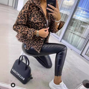2025 Spring and Autumn New European and American Cross-Border Leopard Print Denim Tops Women's Retro Distressed Motorcycle Work Tops Top