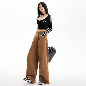 Spring 2025 New Multi-button Pocket Design Wide-leg Workwear Casual Pants Women's High Waist Loose Slimming Pants