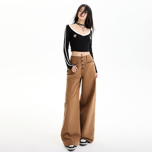 Spring 2025 New Multi-button Pocket Design Wide-leg Workwear Casual Pants Women's High Waist Loose Slimming Pants