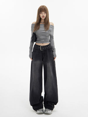 American Style High Waist Wide Leg Jeans Women's Autumn and Winter New Waist Belt Adjusting Wide Leg Pants Fashionable Trendy Trendy Trousers