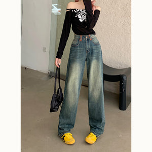 American Retro Straight-Leg Jeans for Women, 2025 Spring New High-Waisted Fashionable Versatile Loose Floor-Length Pants