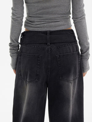 American Style High Waist Wide Leg Jeans Women's Autumn and Winter New Waist Belt Adjusting Wide Leg Pants Fashionable Trendy Trendy Trousers