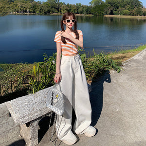 American Style White Wide Leg Jeans Women's 2025 Spring and Autumn New Double Buckle High Waist Loose Straight Slim-fit Mop Pants
