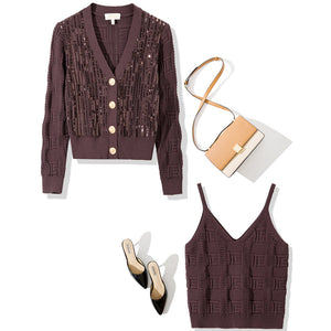 M1310 2025 Autumn New Women's Mesh Long Sleeve Knit Sweater with Beaded Ruffle Trim Women's Sweater