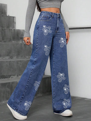 European and American Cross-Border Women's Jeans 25 Autumn New Floral Rhinestone Loose Straight-Leg Pants Jeans Trendy Brand