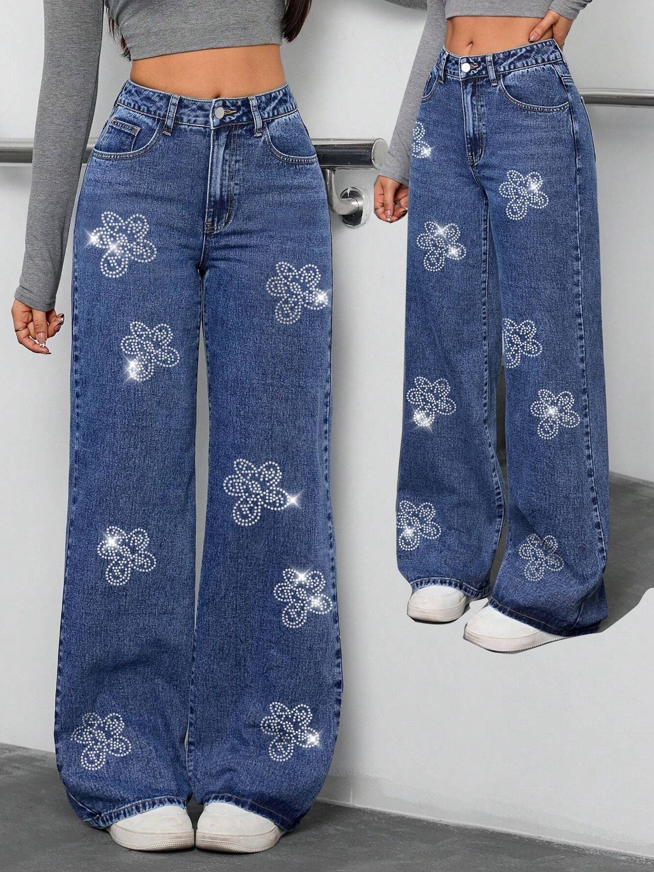 European and American Cross-Border Women's Jeans 25 Autumn New Floral Rhinestone Loose Straight-Leg Pants Jeans Trendy Brand