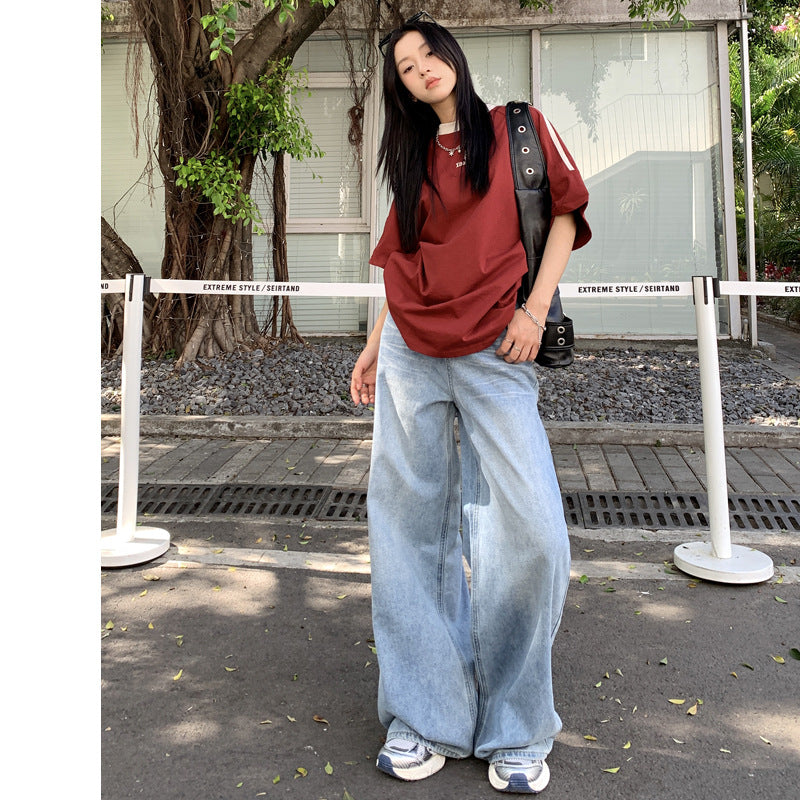 Retro Washed Wide-Leg Jeans for Women 2025 Summer New American Light-Colored Loose Straight Draped Floor-Length Pants