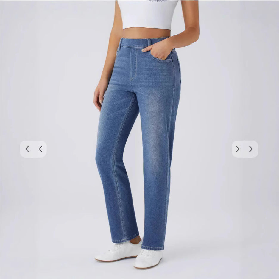 3886 Cross-Border New High-Waisted Straight-Leg Whiskered Yoga Jeans Slimming Breathable Loose Fitness Casual Pants