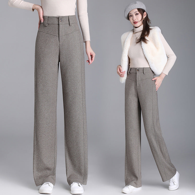 Retro Woolen Wide-Leg Pants for Women in Autumn and Winter New Thickeneded Suit Pants for Middle-Aged Mothers Straight Pants Loose Floor-Length Pants