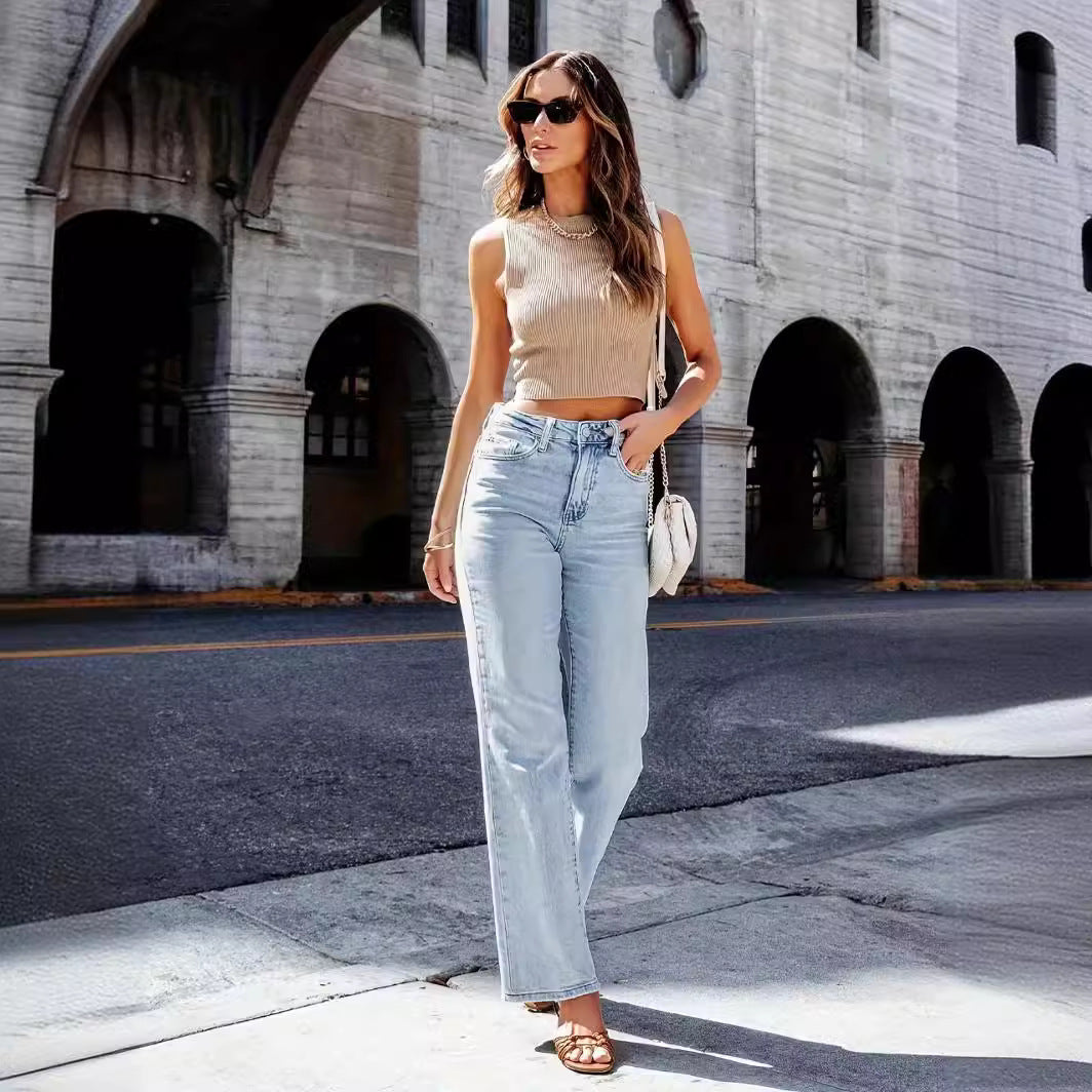 2025 Spring/Summer European and American Cross-Border Factory Direct Sales In-Stock Women's Clothing Amazon New Jeans Women's Straight-Leg High-Waisted