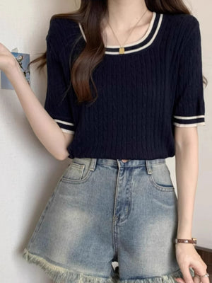 Cross-Border Knitted Short-Sleeved Spring and Summer New Design Niche Color Matching European and American Style Round Neck Women's Simple Tops