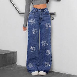 European and American Cross-Border Women's Jeans 25 Autumn New Floral Rhinestone Loose Straight-Leg Pants Jeans Trendy Brand
