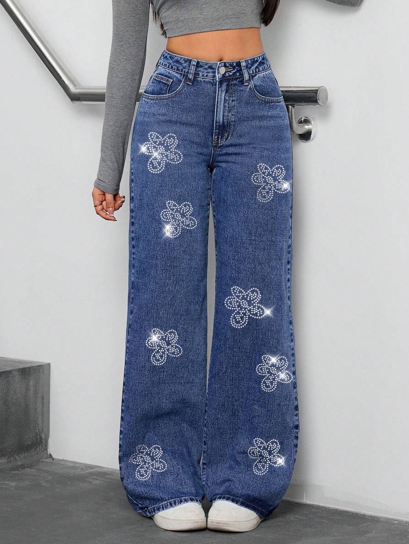 European and American Cross-Border Women's Jeans 25 Autumn New Floral Rhinestone Loose Straight-Leg Pants Jeans Trendy Brand