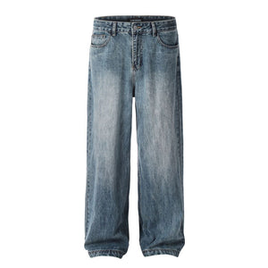 11Kn American Retro Blue Straight-Leg Jeans for Men and Women, Loose and Versatile, Trendy and Simple Cleanfit Casual Wide-Leg Pants