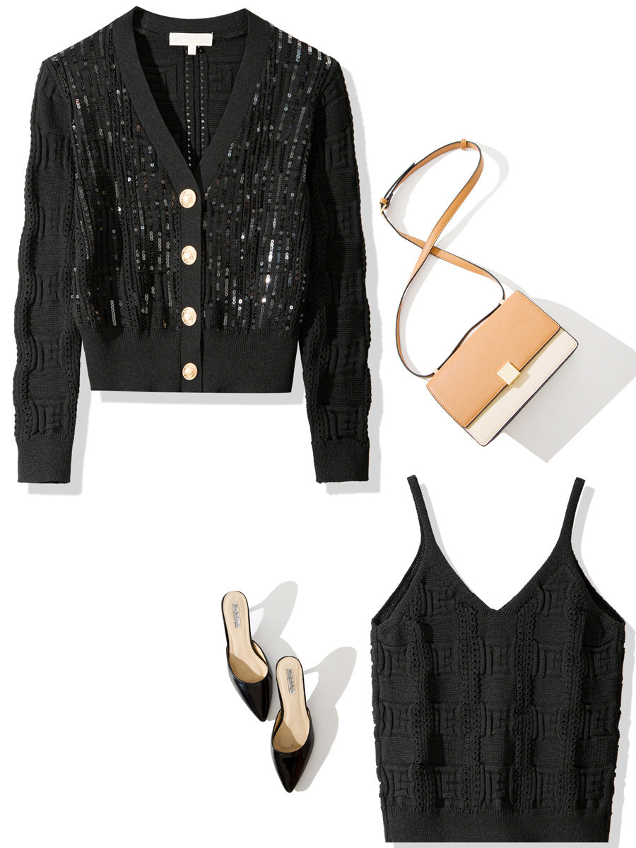 M1310 2025 Autumn New Women's Mesh Long Sleeve Knit Sweater with Beaded Ruffle Trim Women's Sweater