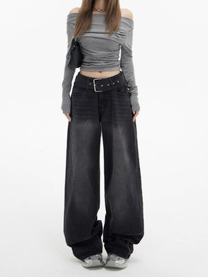 American Style High Waist Wide Leg Jeans Women's Autumn and Winter New Waist Belt Adjusting Wide Leg Pants Fashionable Trendy Trendy Trousers
