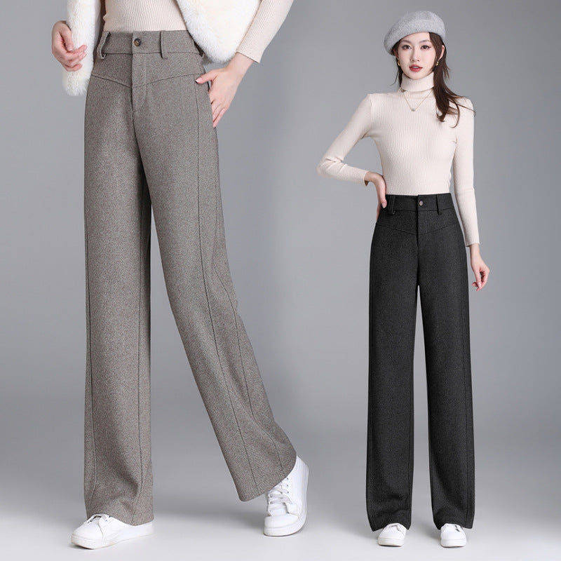 Retro Woolen Wide-Leg Pants for Women in Autumn and Winter New Thickeneded Suit Pants for Middle-Aged Mothers Straight Pants Loose Floor-Length Pants