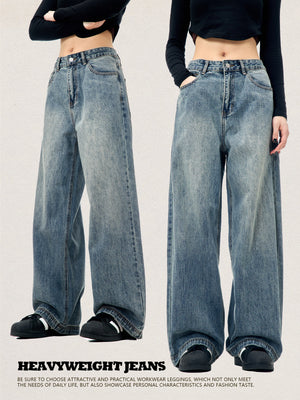 11Kn American Retro Blue Straight-Leg Jeans for Men and Women, Loose and Versatile, Trendy and Simple Cleanfit Casual Wide-Leg Pants