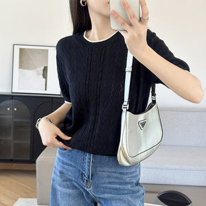 Summer New Women's Knitted Knitwears Short-Sleeved Cotton Round Neck Cut Out Air Quality Knitted T-Shirts Contrasting Tops Wholesale